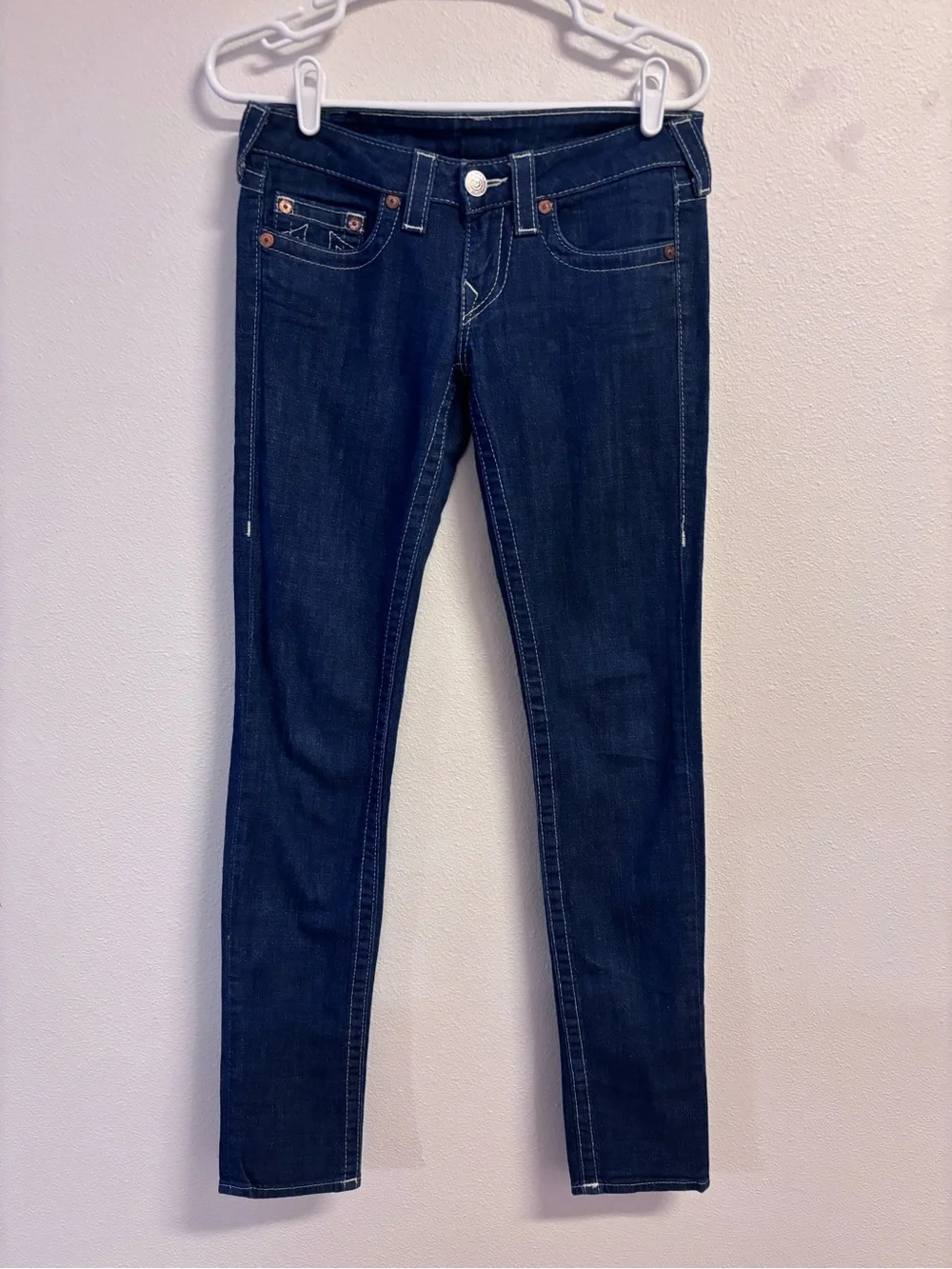 True Religion Dark Blue Women's Skinny Jeans with Studded Horseshoe Pockets